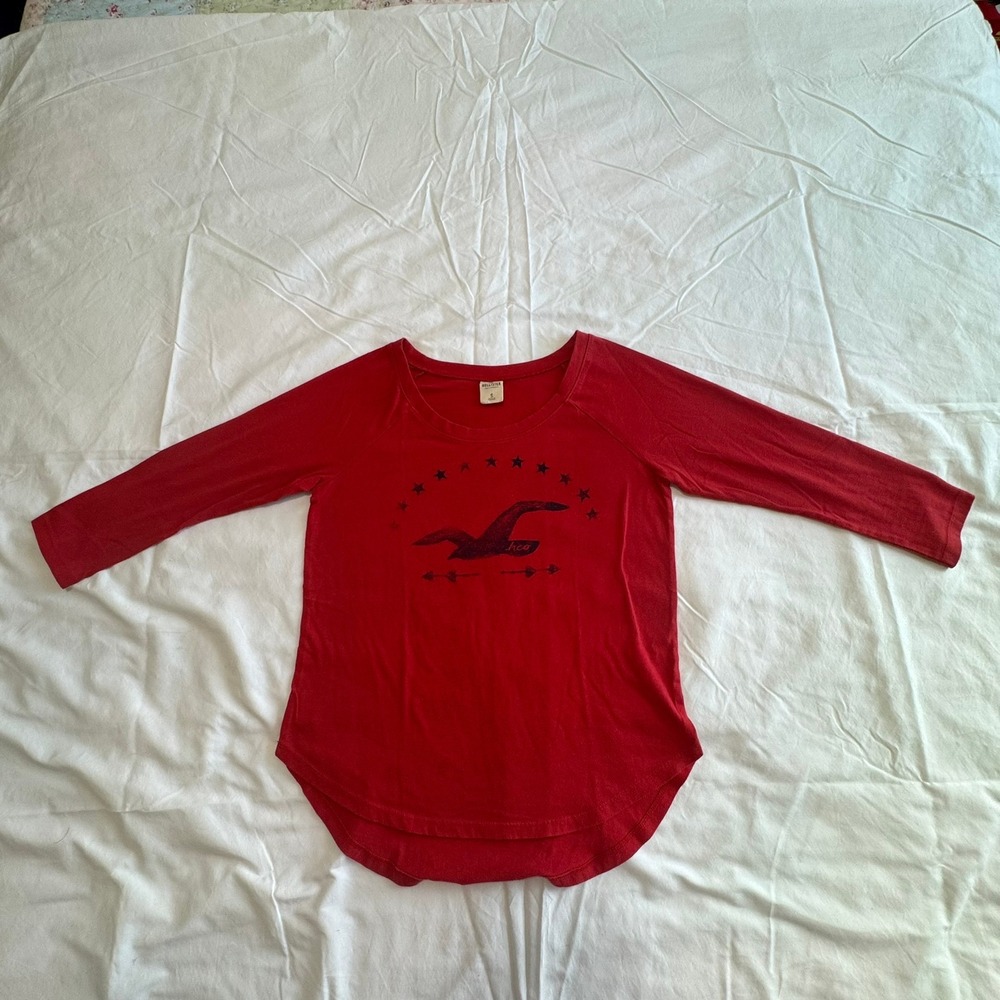 Hollister Womens Red 3/4 Sleeve Graphic T-Shirt Y2K Seagull Logo Size S